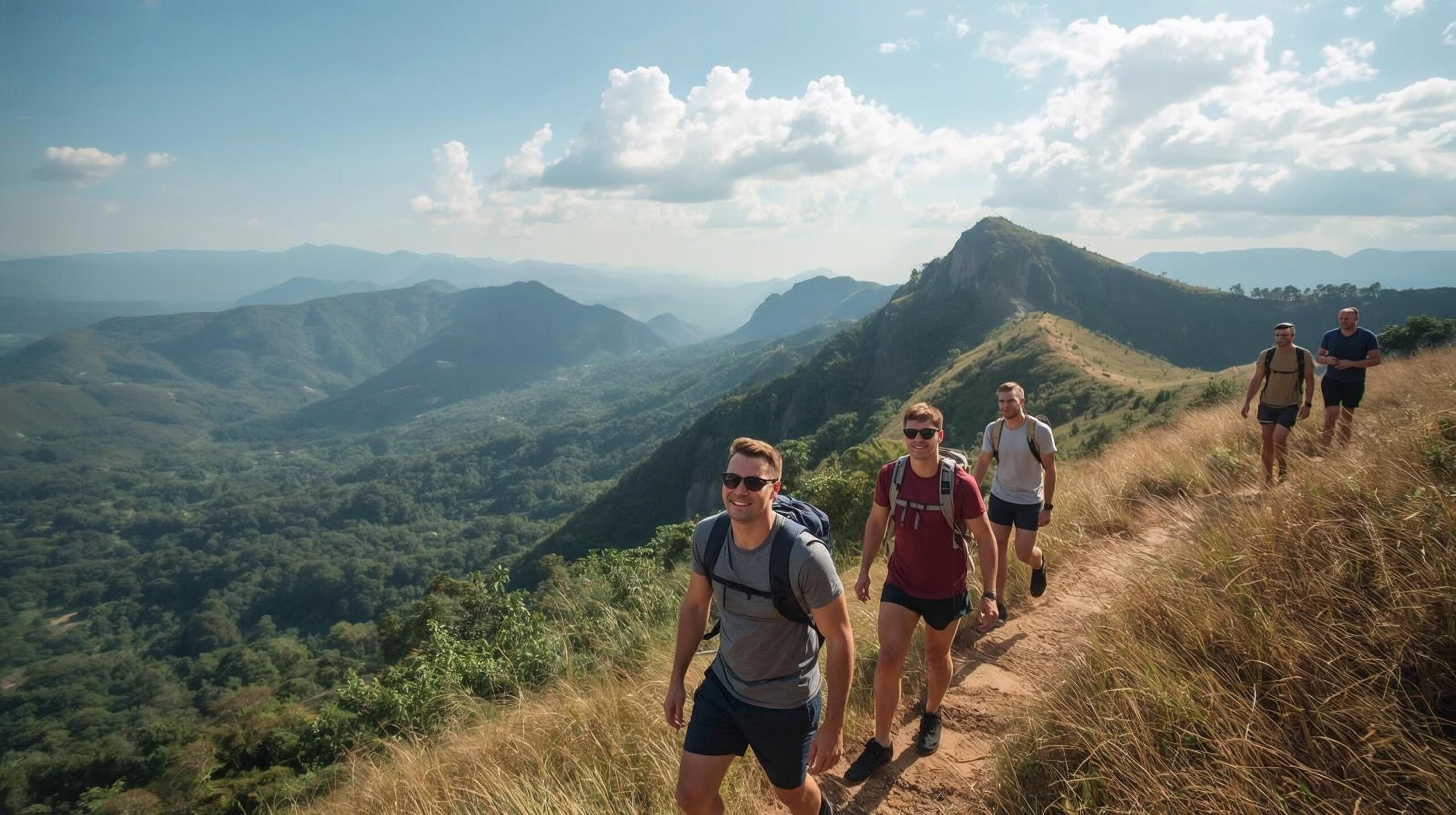 Group of gay men hiking mountain trail in Panama