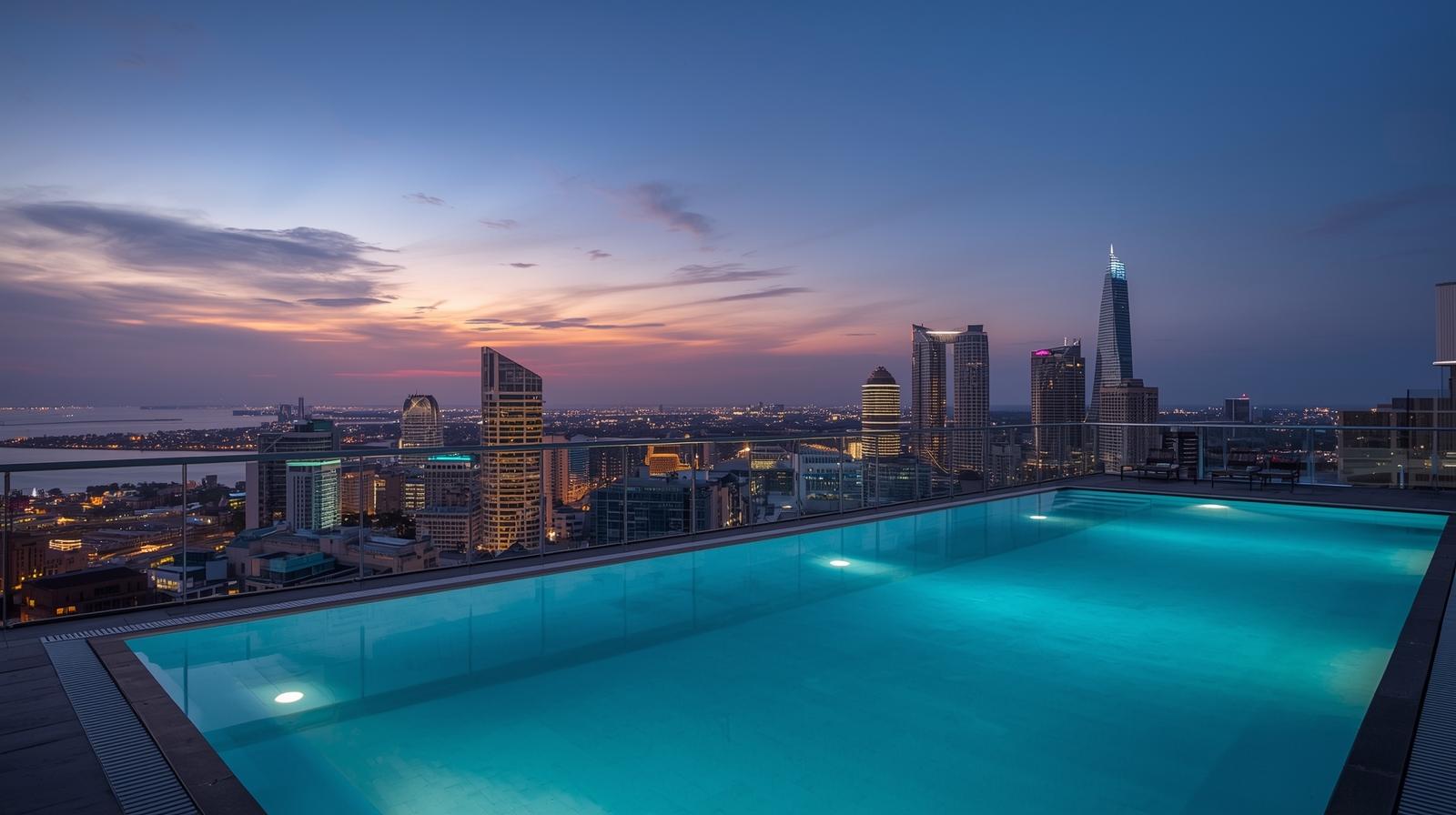 Luxury hotel rooftop pool overlooking Panama City skyline at twilight, modern vibe.
