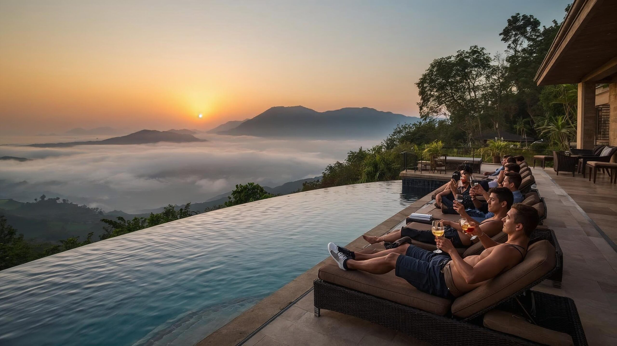 Mountain villa in Panama’s Cerro Azul, infinity pool overlooking misty hills, men enjoying cocktails at sunset, 1280x720px.